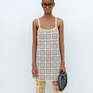 Zara Knit Crochet Tank Dress Multicolor Floral